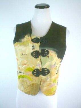 MAX & MABEL VINTAG button up VEST olive brown gold S sleeveless asian floral